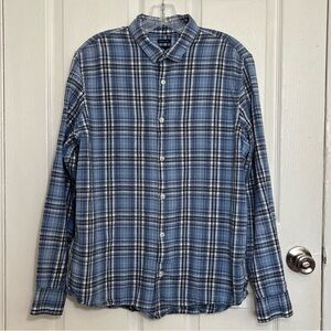 GAP Mens Blue and White Plaid Linen Cotton Long Sleeve Button Down | Size Large